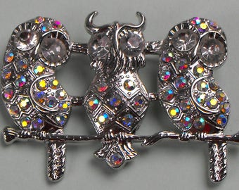 Three Owls on a Branch Brooch Aurora Borealis