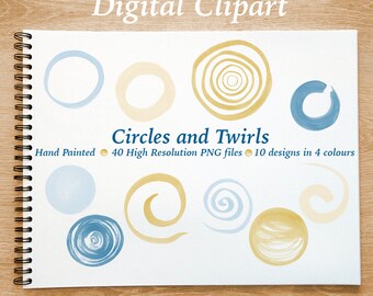 Watercolor Clipart, Circles and Twirls, High Quality Hand Painted Geometric Shapes with Transparent Background, Digital Shape Clipart