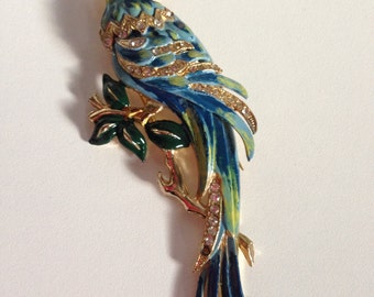 Vintage Coro Bird of Paradise Fur Clip Brooch, Blue, Green, Yellow Enamel Rhinestones