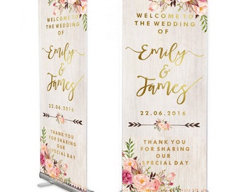 White Wood/floral Wedding Welcome 6ft banner, Wedding Welcome Sign, Shabby chic Wedding, Wedding Pull Up, Personalised Wedding,
