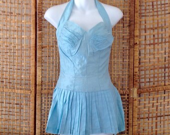 Vintage 50's Blue Roller Ice Skating Costume Dress Pinup Look Halter Pleated Skirt