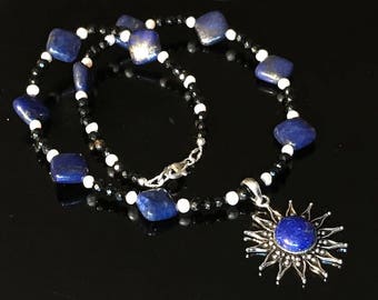 Lapislazuli, freshwaterpearls, spinell collier 925 silver NEW