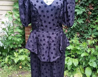 Vintage 80's Peplum Dress/ Velvet Polka Dot Dress/ Vintage Plus Size/ Black Velvet Dress/ Evenings by Pantagis