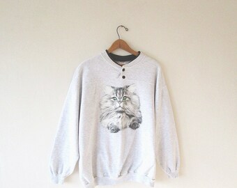 Vintage 90s Green Eyed CAT KITTY Pet Lover Henley Sweatshirt Sz XL