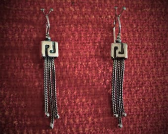 Ancient Greek Meander Drop Earrings Sterling Silver 925 With Byzantine Chains