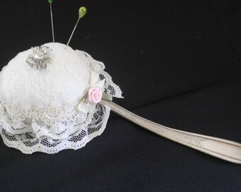 Silver Spoon Pincushion, Ivory lace Pincushion