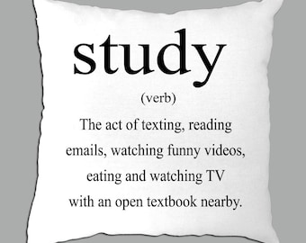 Definition of Study Black lettering on a white pillow cover14"x14"