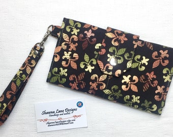 women's wallet, fleur-de-lis wallet, brown green wallet, trifold organizer wallet, checkbook, cell phone accessory, wristlet, women's gift