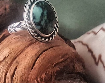 Handmade Sterling Silver Variscite Ring with Stamped Band