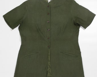 Short Sleeve Box Blazer Long Sz 16 100% Silk Mao Collar Olive Green Shoulder Pads