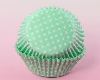 Mint Green Cupcake Liners Polka Stars, 2'' Standard Size , Baking Cups Bulk