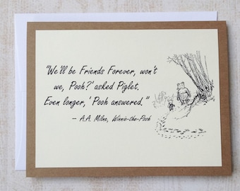 Friends Forever - Winnie the Pooh Quote - Classic Piglet and Pooh Note Card Cream On Kraft Brown