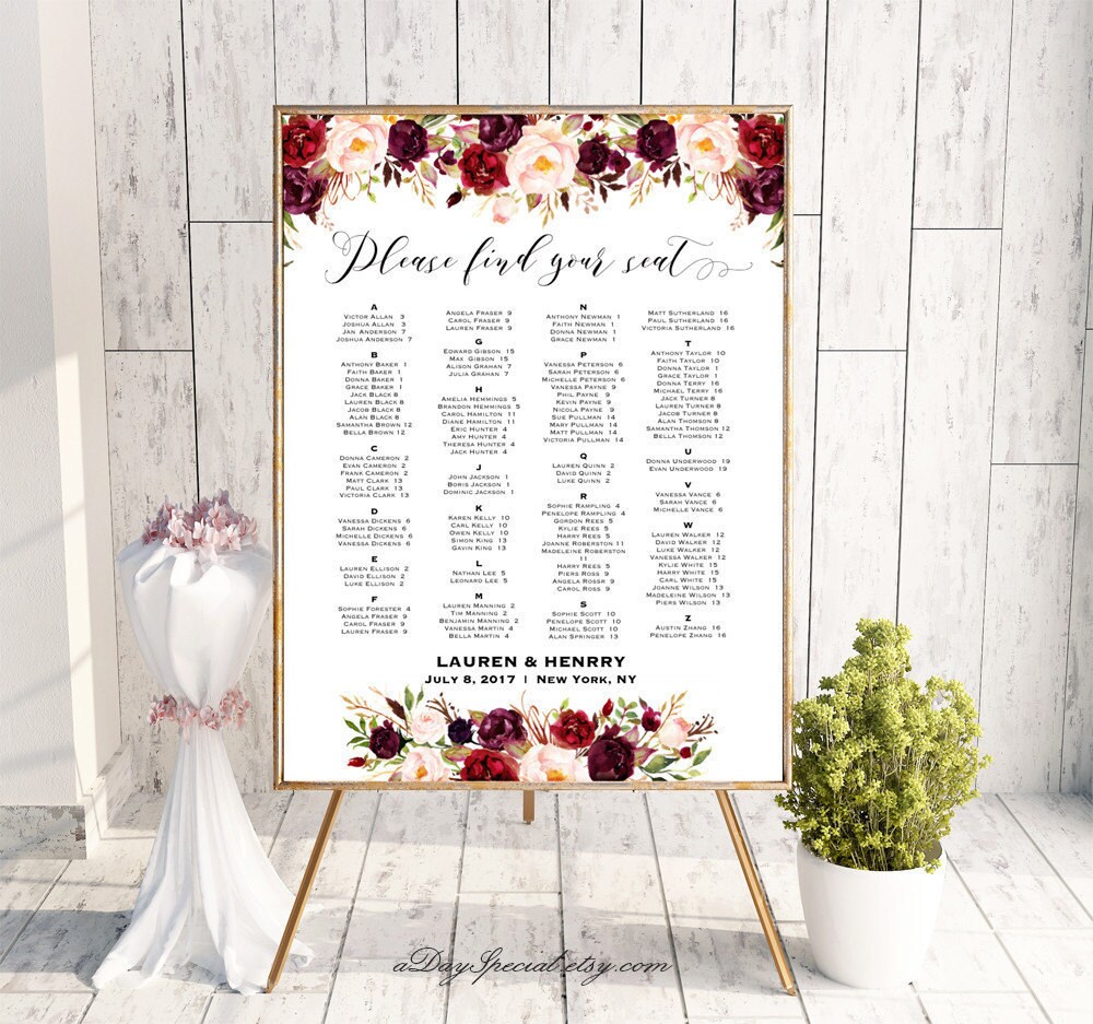 burgundy floral alphabetical seating chart template printable alphabetical wedding seating chart template