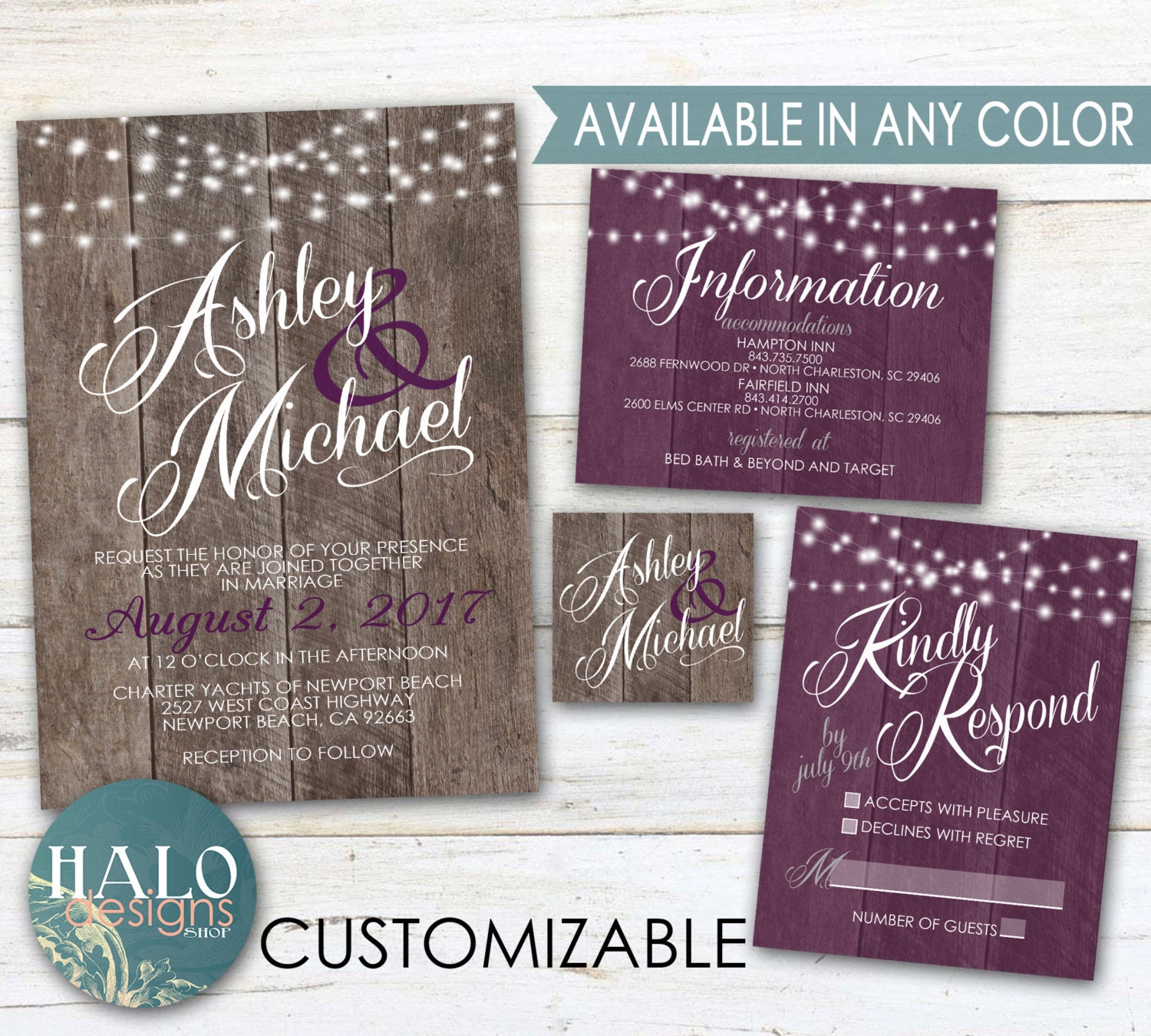 Purple Rustic Wedding Invitations 1