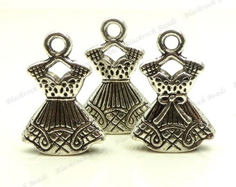 6 Dress Charms (3D and Double Sided) Antique Silver Tone Metal 22x15mm - Garment, Outfit, Party Dress - BG21