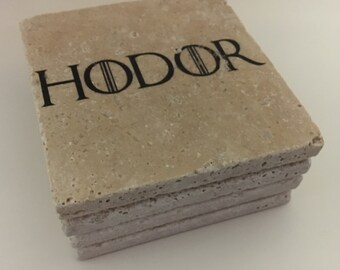 Hodor Game Of Thrones Natural Travertine Tile Tumbled Stone Table Coasters Set of 4 with Full Cork Bottom
