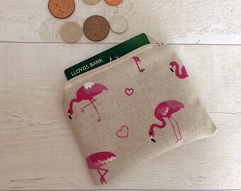 Flamingo coin purse, money purse, flamingo purse, money pouch, small zipper pouch, coin pouch, beige pouch, card wallet, pink flamingos