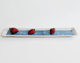 RECTANGLE TRAY in BLUE/// Ceramic Tray, Long Tray, Serving Tray, Stars, Blue Ceramic Tray, Long Pottery Tray, Rectangle Platter, Candle Tray