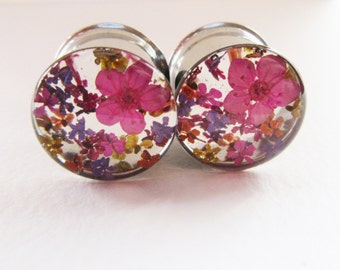 Girly Gauges, Plugs with Real Flowers, Wedding Plugs, Pink Floral Colourful Ear Tunnels, 0g / 8mm - 2" / 51mm