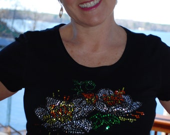 Spring Flowers Daffodils Rhinestone bling shirt, all sizes XS, S, M, L, XL, XXL, 1X, 2X, 3X, 4X, 5X