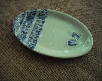 Mahjong Dish - Oriental Plate - Mahjongg Snack Dish - Green Mahjong Plate - Mahjong Pottery - Mahjong Party