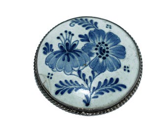 Large vintage porcelain hand painted brooch, antique jewelry, floral pin