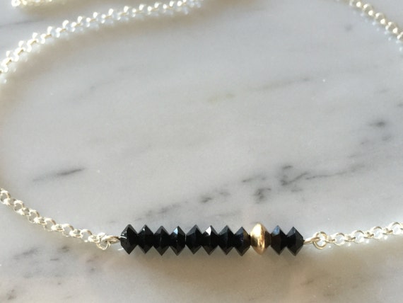 Jet Black Swarovski Crystal Bar Necklace, Sterling Silver