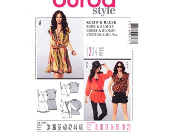 Wrap Dress & Blouse Pattern Burda 7377 Loose Mini Dress or Top Ruffle Cap Sleeve Elastic Waist Womens Sewing Pattern Size 8 to 20 Plus UNCUT