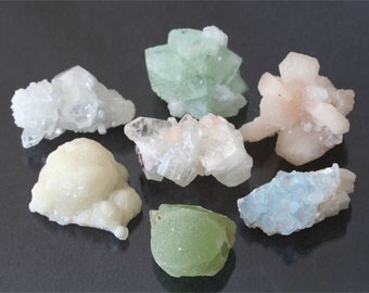 mineral collection set: blue fluorite prehnite gyrolite apophyllite stilbite stones, nature decor pastel crystal clusters, boho hippie decor