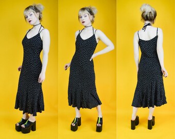 90s Black Polka Dot Summer Midi Dress S