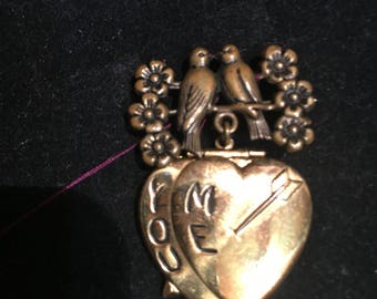 Heart Locket Pin with You/Me on the front with birds and flowers