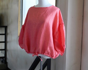 Linen gathering blouse/coral Pink made IN JAPAN