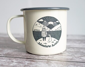 Enamel Mug, Dog Mug, Travel Mug, Camping Mug, Dog Gift, Fathers Day Gift, Dog Lover, Adventure Awaits, Enamelware, Outdoor Lover, Lino Print