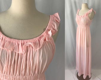 1970s Ruffle Off the Shoulder Nightgown | Vintage Nylon Lingerie | 1970s Clothing | Boho Ruffle Maxi | 1970s Vintage Clothing