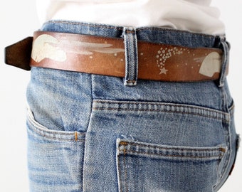 vintage hippie belt, 1960s leather belt with painted stars and moon