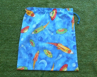 Drawstring library bag, spaceships and rockets, large toy bag or library bag