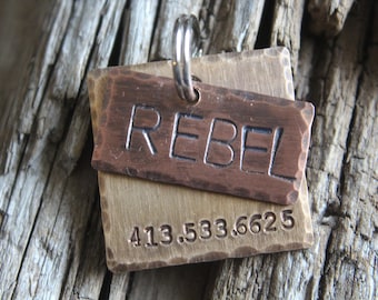 Dog ID Tag, The Rebel, Hand Stamped Dog Tag, Custom Pet ID, Layered Metal Tag