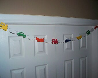 Plane, Car, Train, Cloud Garland Motor Vehicle Transportation Primary Yellow, Green, Orange, Red, Blue CardstockBirthday Party, Shower Decor