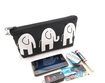 Black and White Elephant - Medium Cosmetic Bag with Zippered top - 10 x 5 x 2