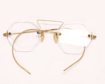 1920s 1930s Octagon Frameless Floating Glass Lenses Gold Tone Metal Eyeglasses