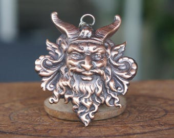 French Brass Stamping Green Man Viking Horned God Pendant Necklace