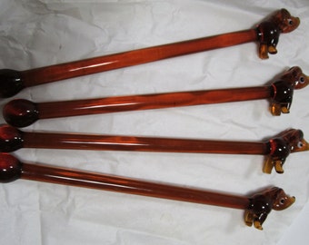 4 pcs Dacshund lead crystal glass cocktail sticks stix drink 4 stirrers