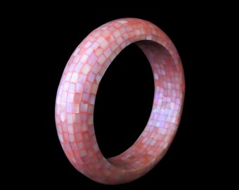 Pink Mosaic Shell Bangle Bracelet c1970s Boho