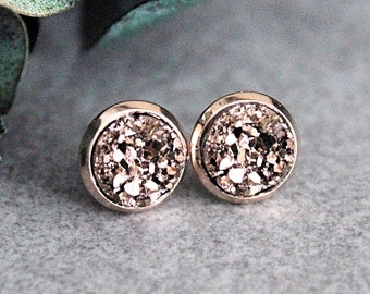 Rose Gold Druzy Earrings, Rose Gold Stud Earrings, Rose Gold Earrings, Rose Gold Post Earring, Rosegold Earrings, Rose Gold Resin Druzy, 8MM