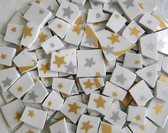 Gold and Silver STARS - Mosaic China Tiles - 100 Tiles