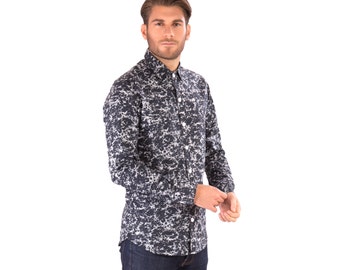Mens 100% Cotton Long Sleeve Slim Fit Shirt Black White Print
