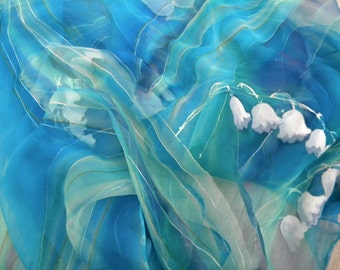 Lily of the Valley hand painted silk chiffon long scarf. Turquoise, mint green silk shawl. Artists scarf 18" x 71", birthday gift for her