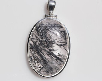 Large Tourmalated Quartz Pendant Bezel set in Sterling Silver, Black Rutile Quartz, Black White Pendant, Tourmaline Gemstone Talisman, QTL17