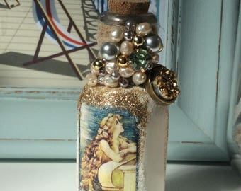 Miniature Mermaid Bottle Ornament Decoration - Decoupaged/Hand Stitched Beading/Glittered