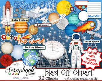 BLAST OFF Clipart, 32 png Clipart files Instant Download moon telescope lovell astronaut night sky space shuttle rocket planets sun compass